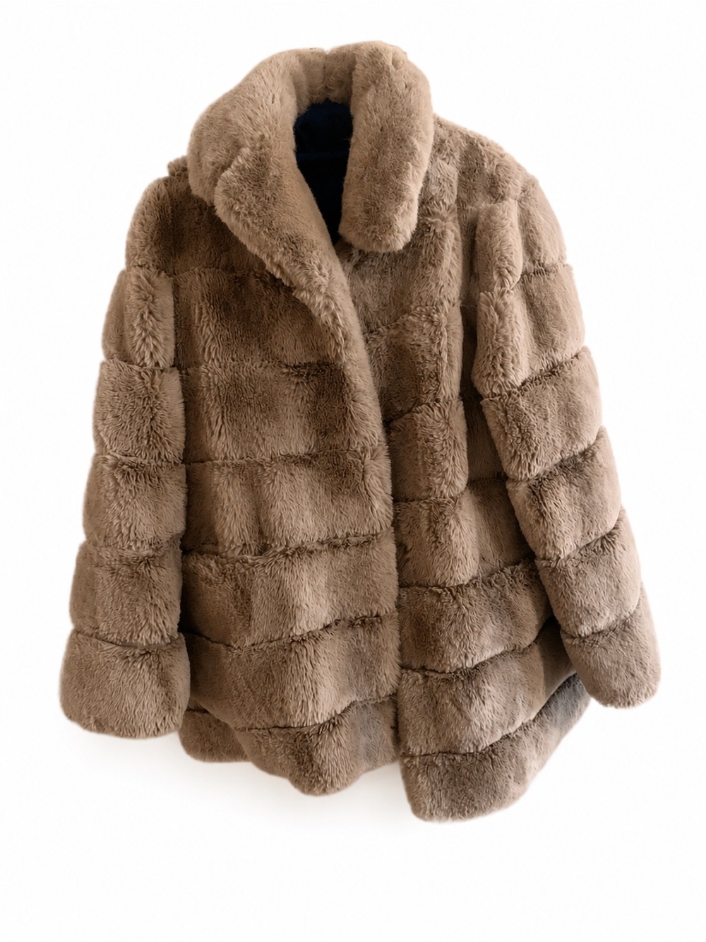 BCBGMaxAzria Women’s Faux Fur Coat Large Gray Taupe Plush Luxury